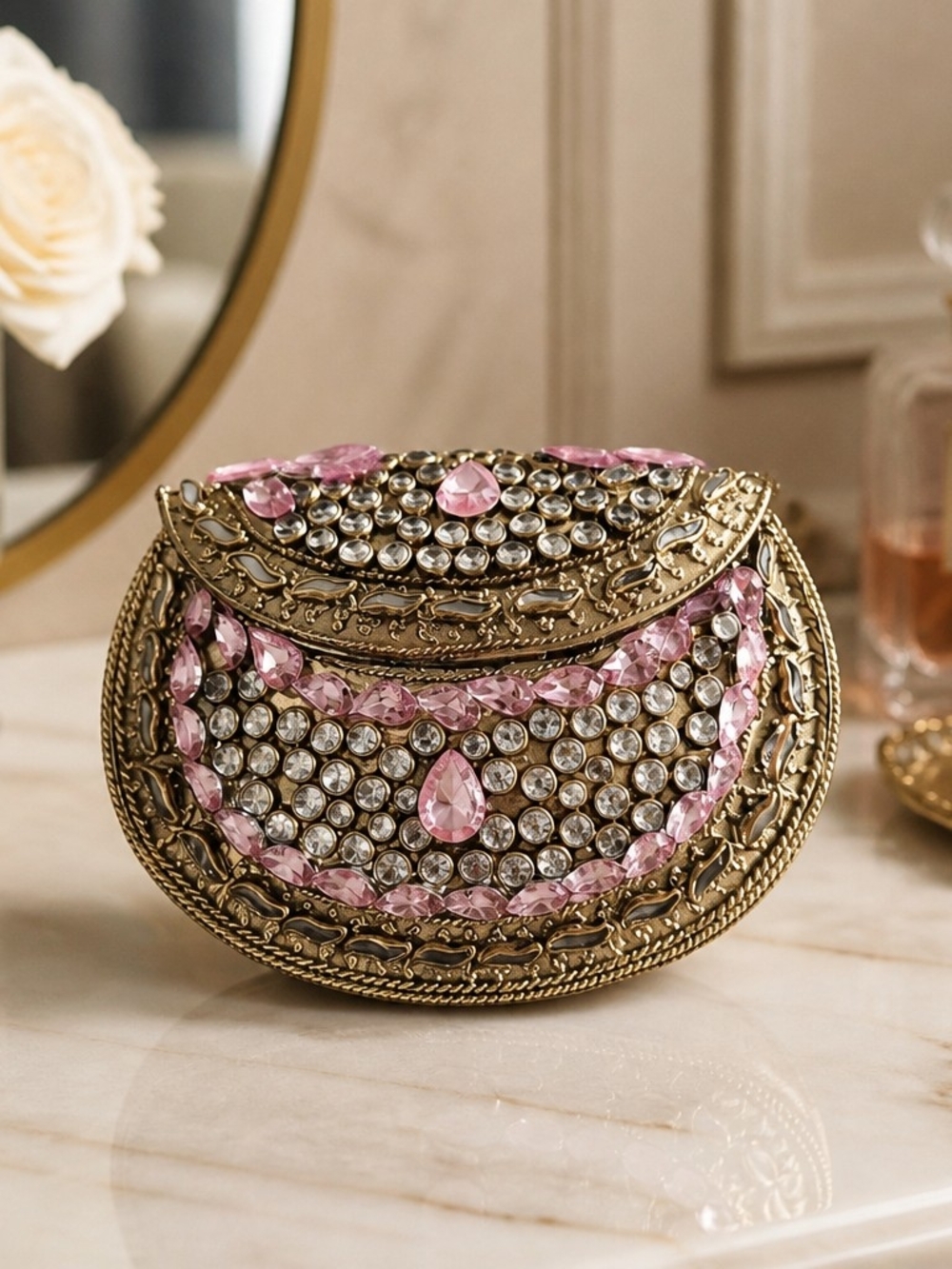 Vintage-Inspired Gold Evening Clutch with Pink and Clear Crystal Kundons